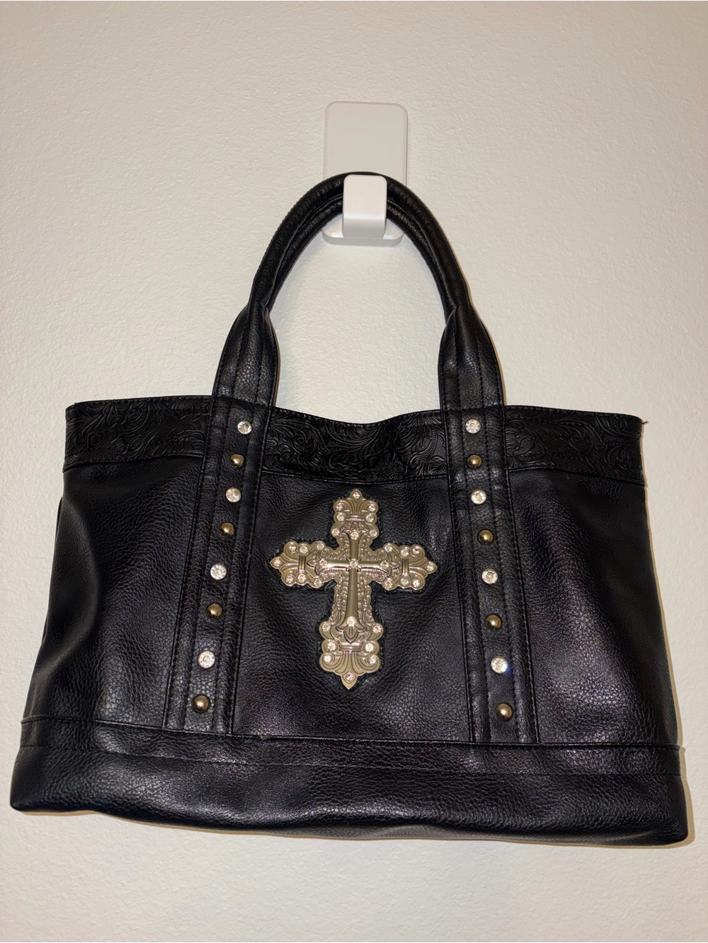 Black Studded Cross Tote Bag Faux Leather Rhinestone Shoulder Handbag Purse
